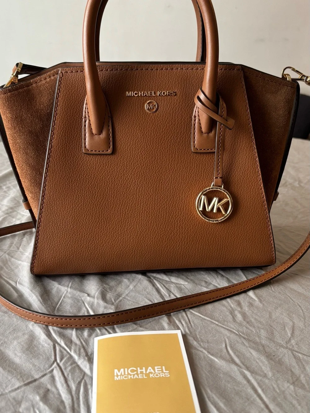 Michael Kors  Small Avril Brown Leather/Suede Satchel with Gold MK Charm